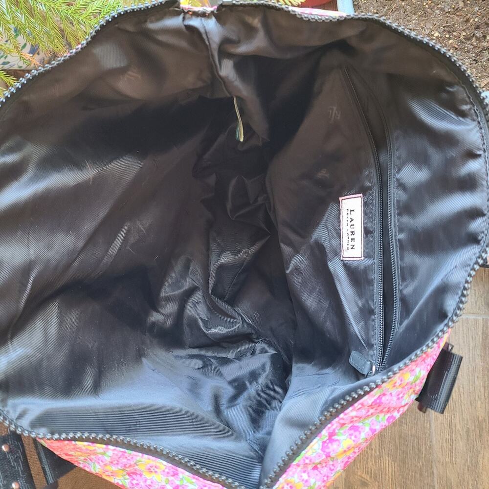 LAUREN‎ Ralph Lauren Large Pink Floral Nylon Travel Tote Beach Black Bag Purse - Picture 7 of 10
